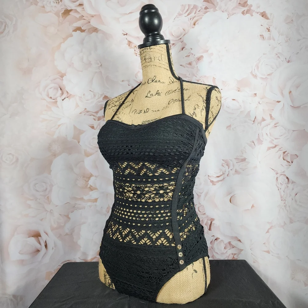 NWOT Black Fishnet One Piece Halter Bathing Suit - Picture 2 of 14